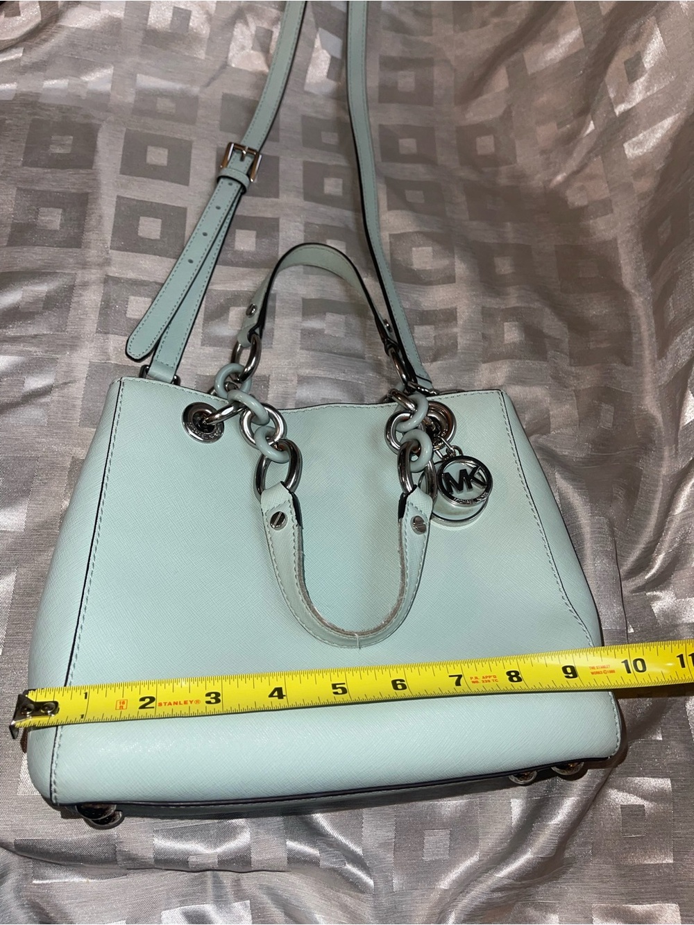 Michael Kors Cynthia Saffiano Leather Satchel with Chain Handles - Celadon - Picture 10 of 15